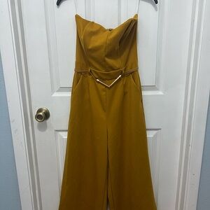 Have Strapless Mustard Yellow Wide-Leg Jumpsuit with V-Waist Accent